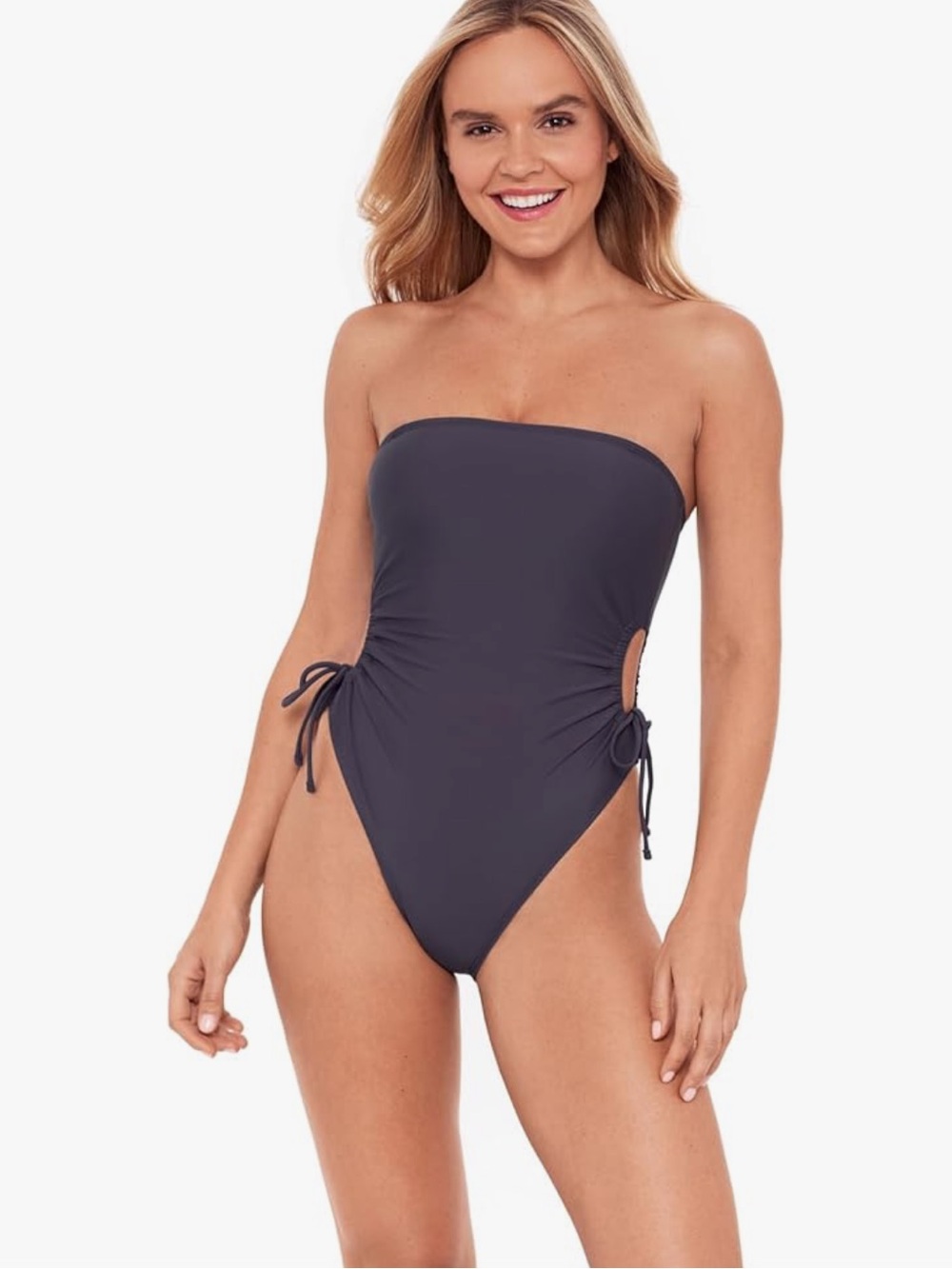 Sports Illustrated Strapless One-Piece Swimsuit with Side Cut Outs in Storm
